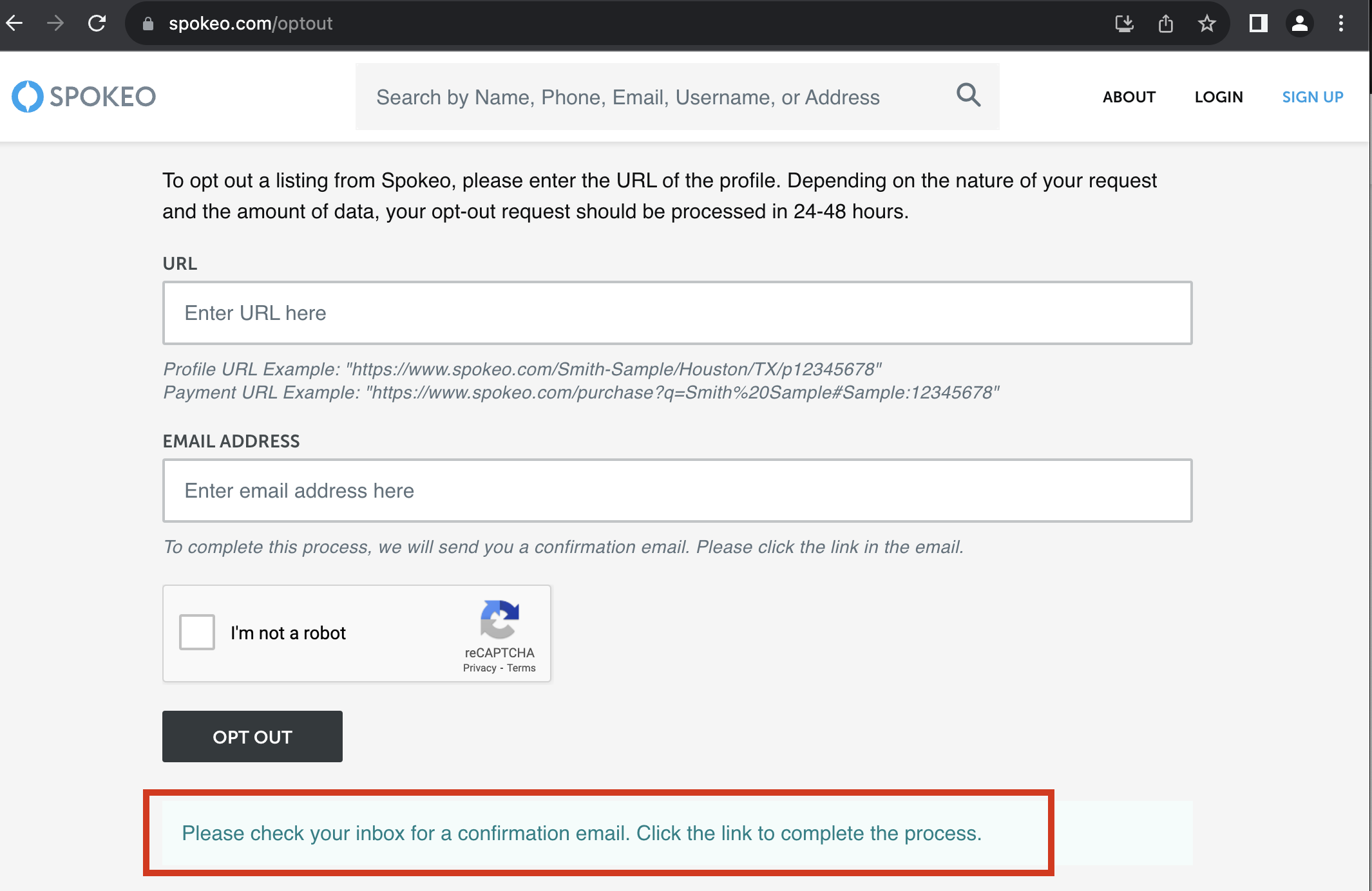 spokeo opt out page filled out successful