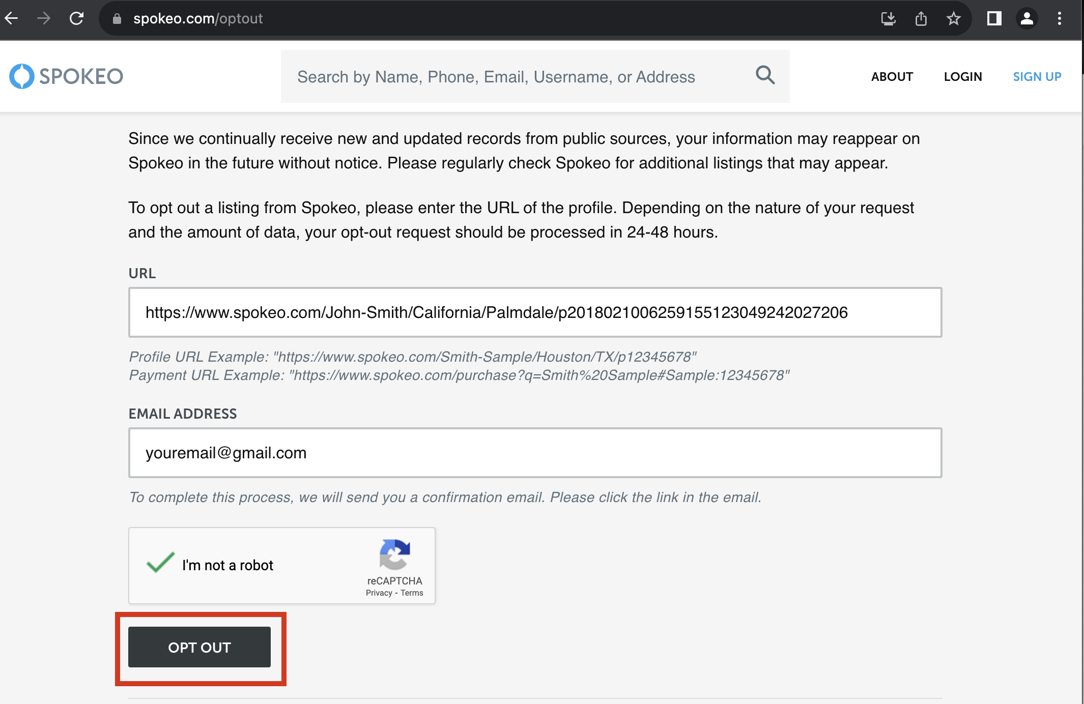 spokeo opt out page filled out